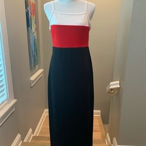 Red, white & black color block long maxi dress. M